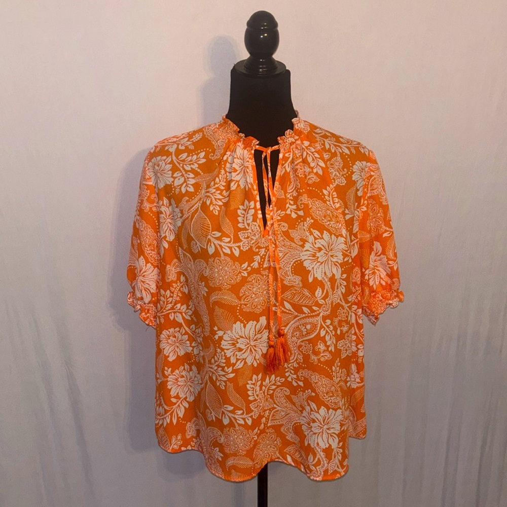 Nanette Lepore XL Orange & White Floral Blouse with Gathered Sleeves and Tassels